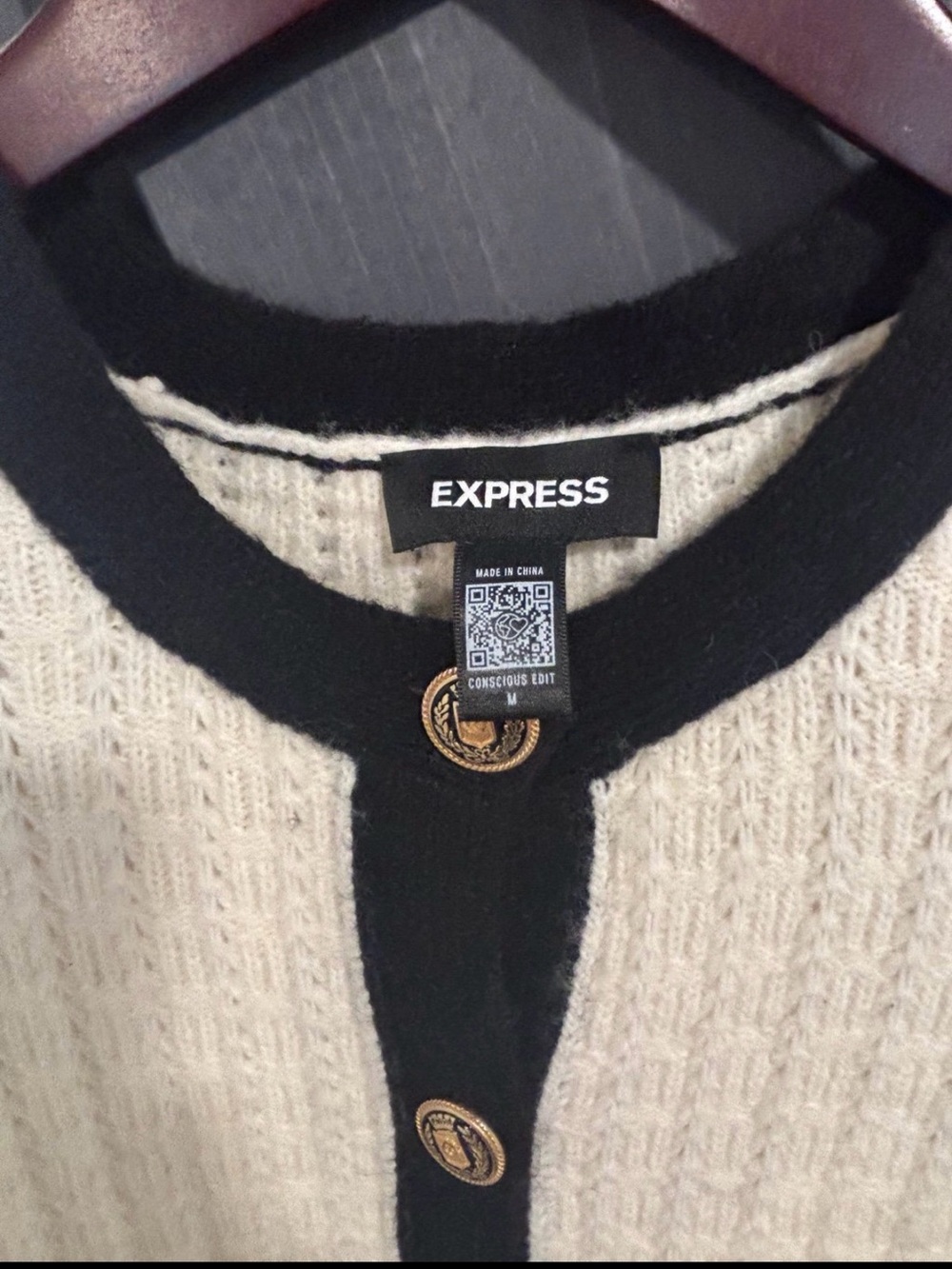 Express Classic Cream & Black Trim Knit Cardigan sweater - Picture 2 of 2